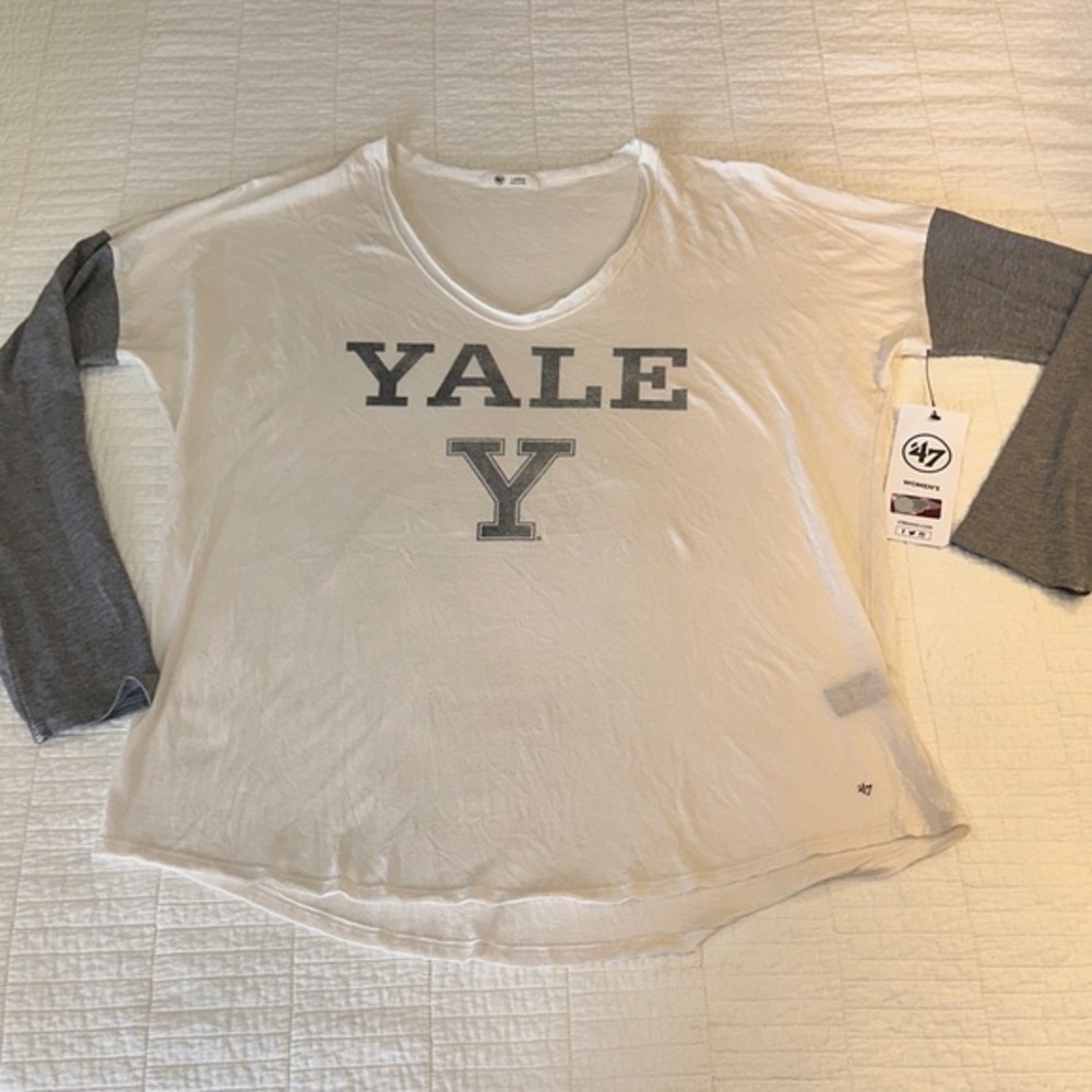 Yale Large Baseball Long Sleeve Shirt White Gray Oversized NWT V Neck